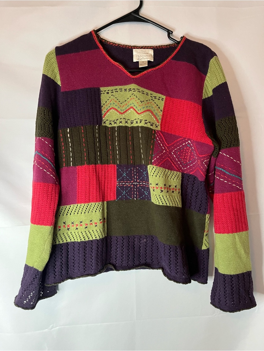 Vintage Christopher & Banks Patchwork V-Neck Sweater in Green, Purple, Pink, Red